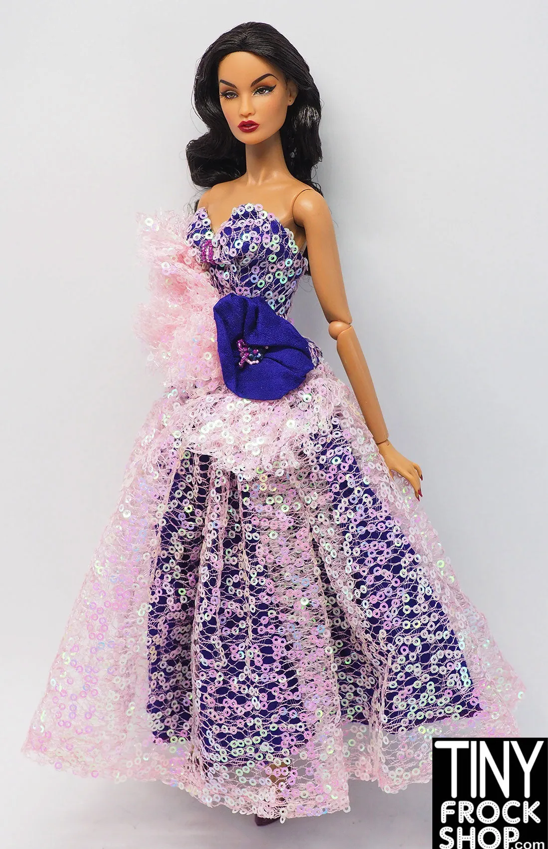 12" Fashion Doll Iridescent Pink Mini Sequin and Purple Ball Gown