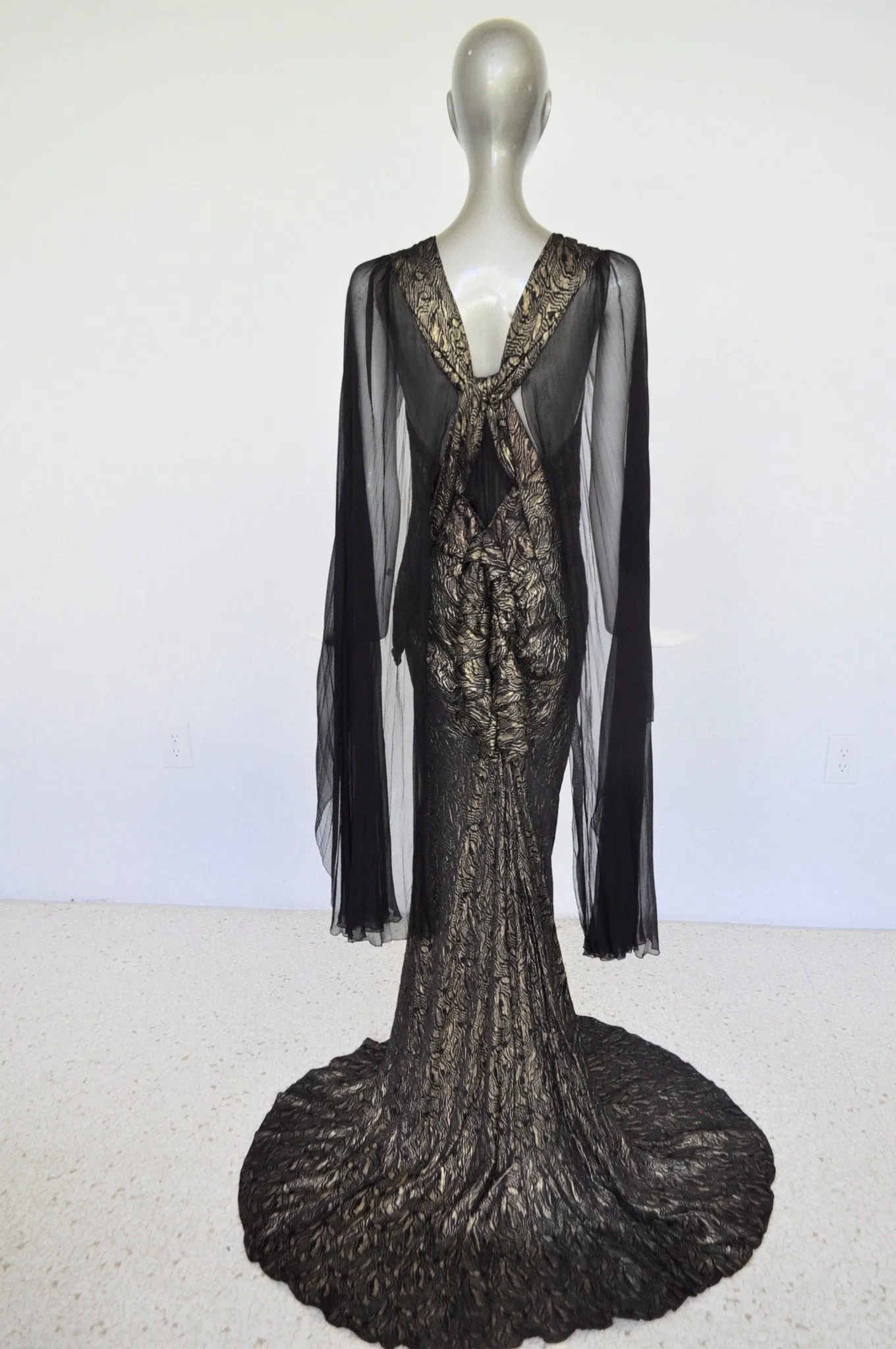 1930s Gold Lame Gown with train and pleated batwing chiffon sleeves Gold Lame Bias cut gown