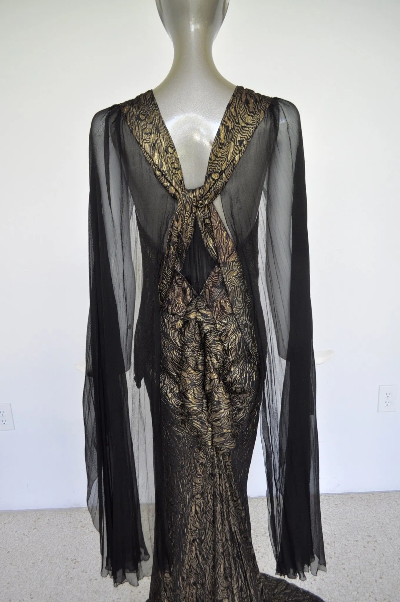 1930s Gold Lame Gown with train and pleated batwing chiffon sleeves Gold Lame Bias cut gown