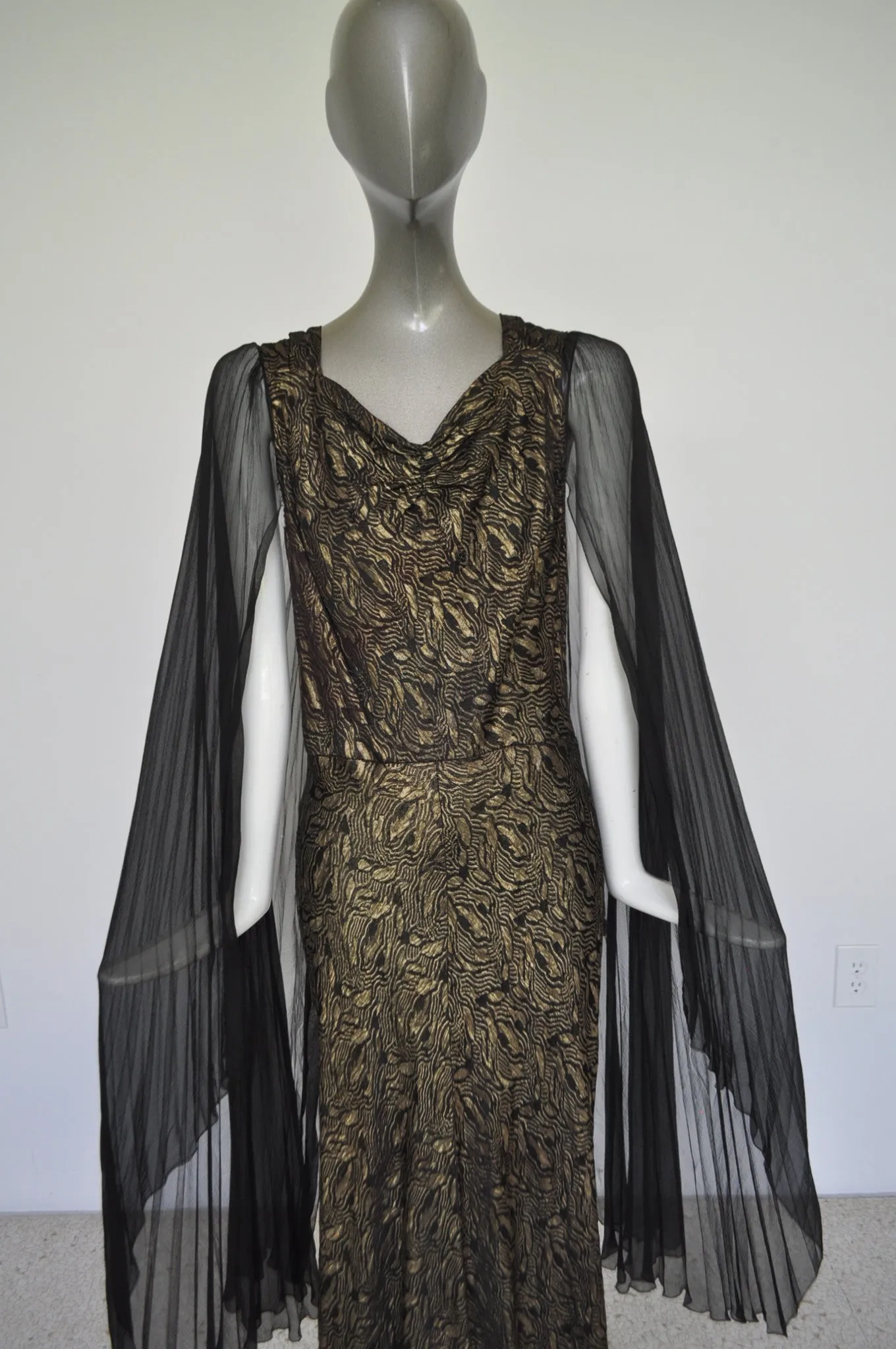 1930s Gold Lame Gown with train and pleated batwing chiffon sleeves Gold Lame Bias cut gown