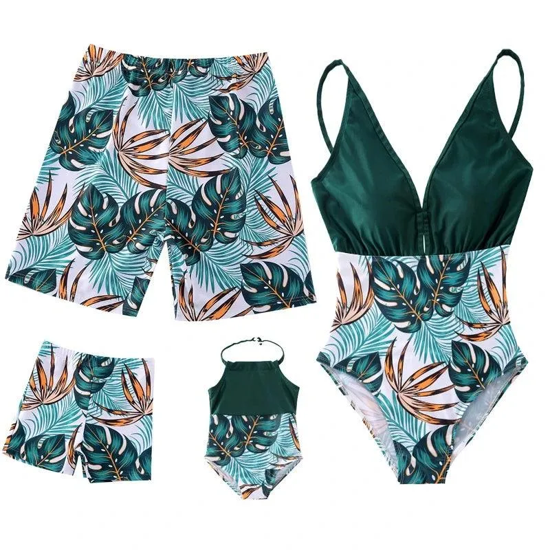 2024 Family Matching Swimwear One-Piece Mother Daughter Swimsuits Beach Mommy and Me Clothes Outfits Leaf Father Son Swim Shorts