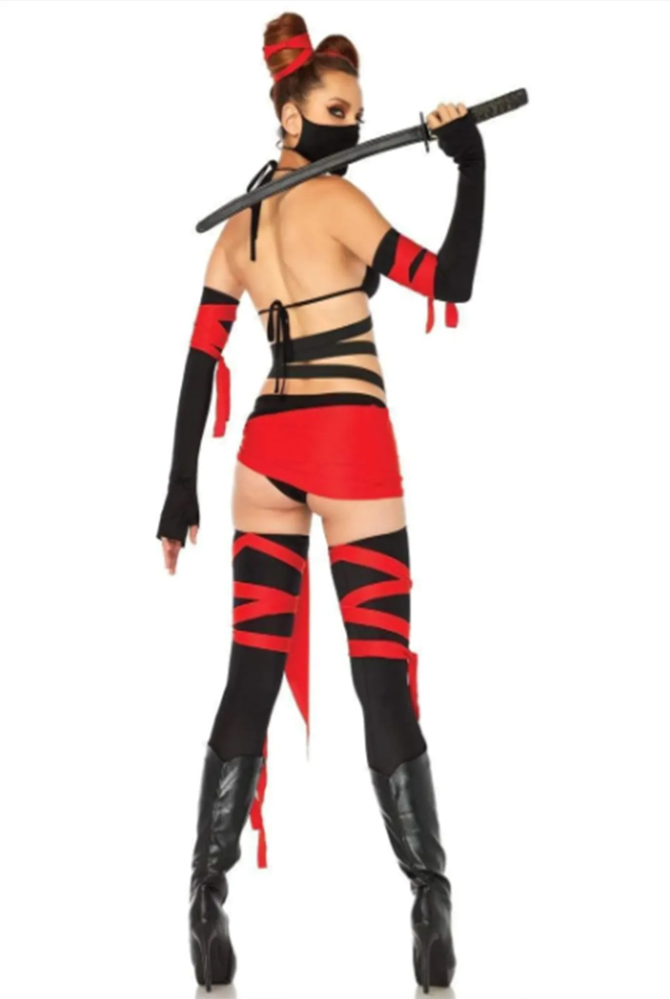 6 PC Killer Ninja Women's Costume – Strappy Bodysuit, Thigh Highs & Accessories