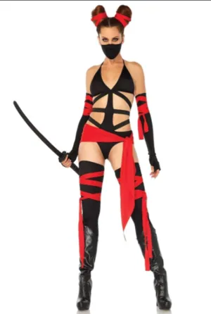 6 PC Killer Ninja Women's Costume – Strappy Bodysuit, Thigh Highs & Accessories