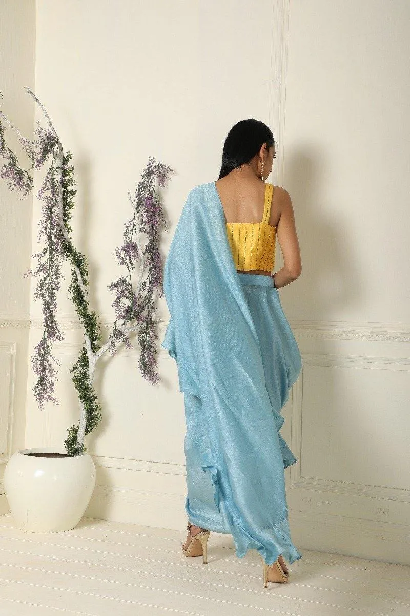 Ash Blue Ruffle Saree with Stitched Blouse Set of 2