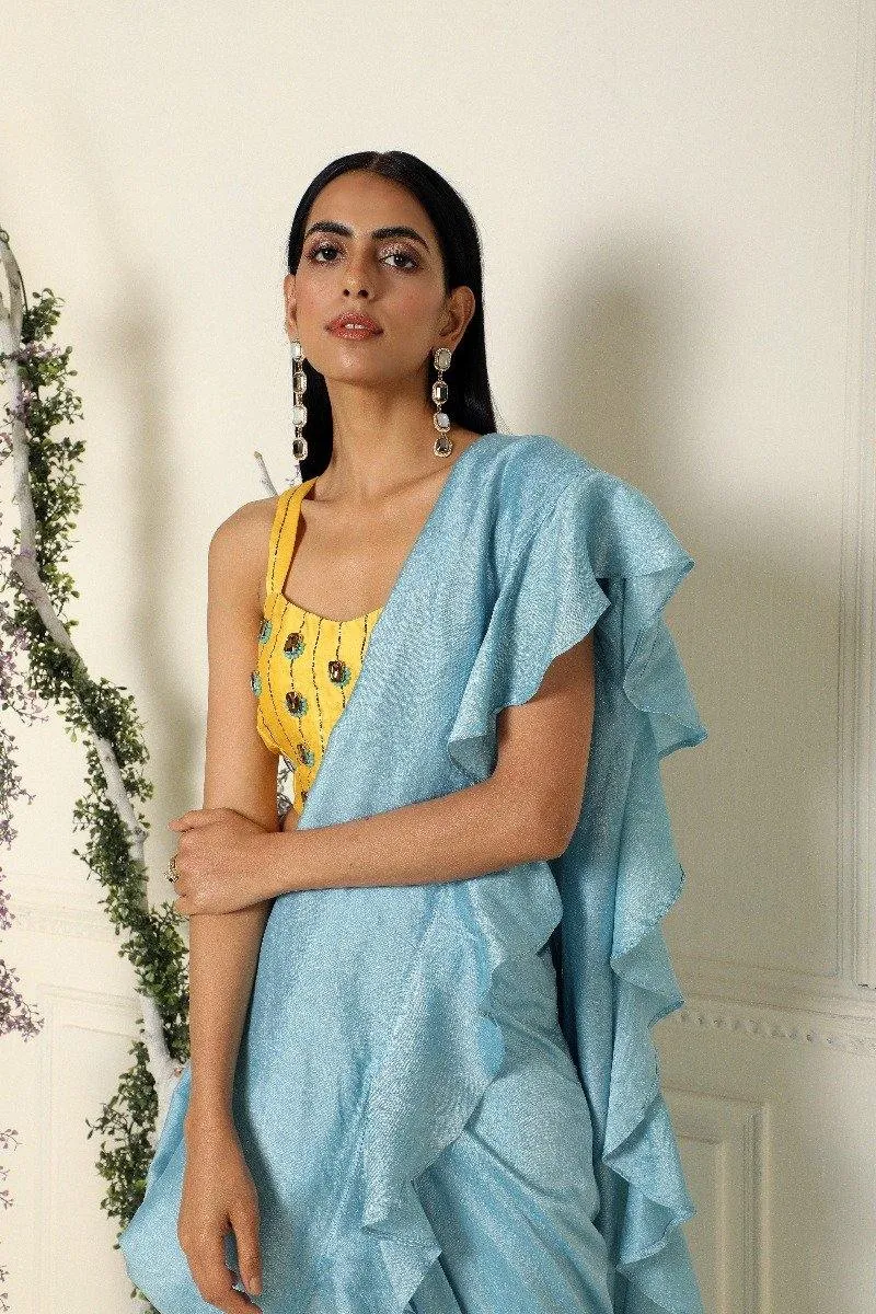 Ash Blue Ruffle Saree with Stitched Blouse Set of 2