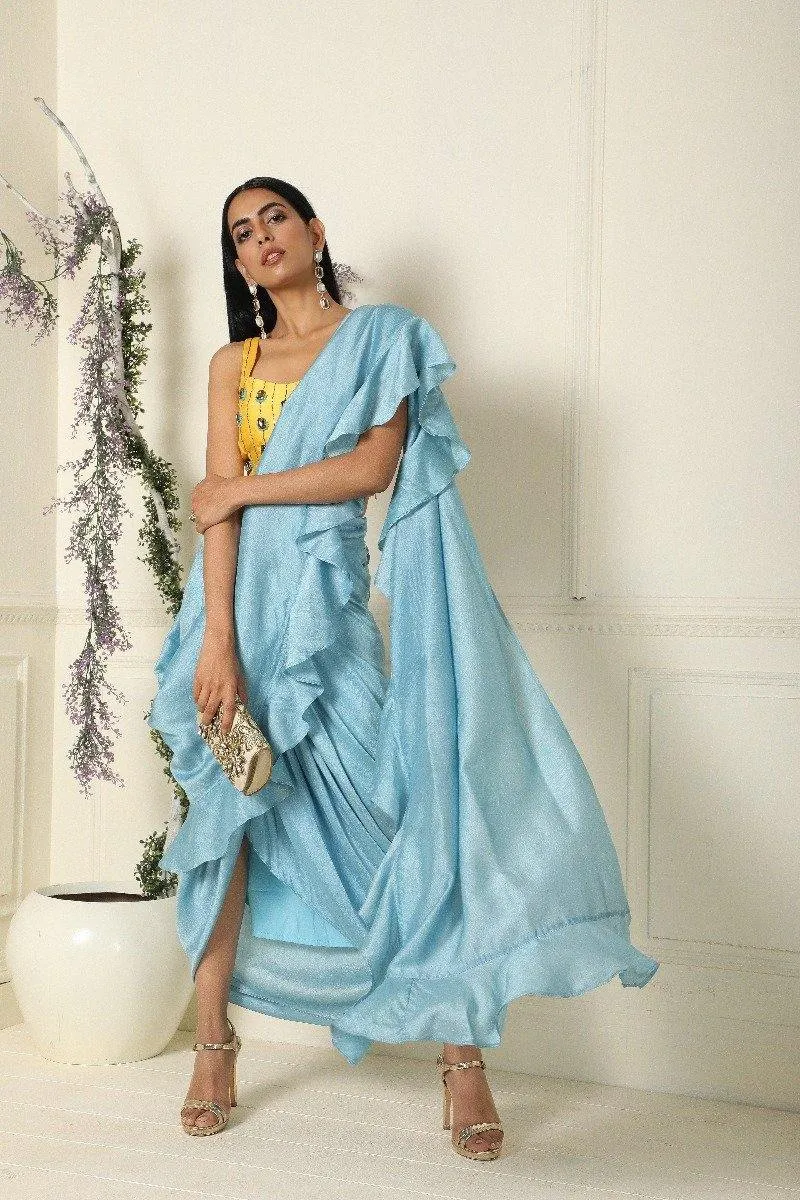 Ash Blue Ruffle Saree with Stitched Blouse Set of 2