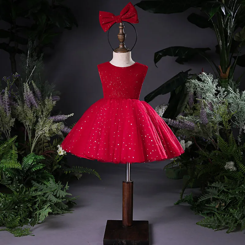 Baby Girl Christmas Dresses Girl Red Fine Glitter Fluffy Birthday Party Formal Dress