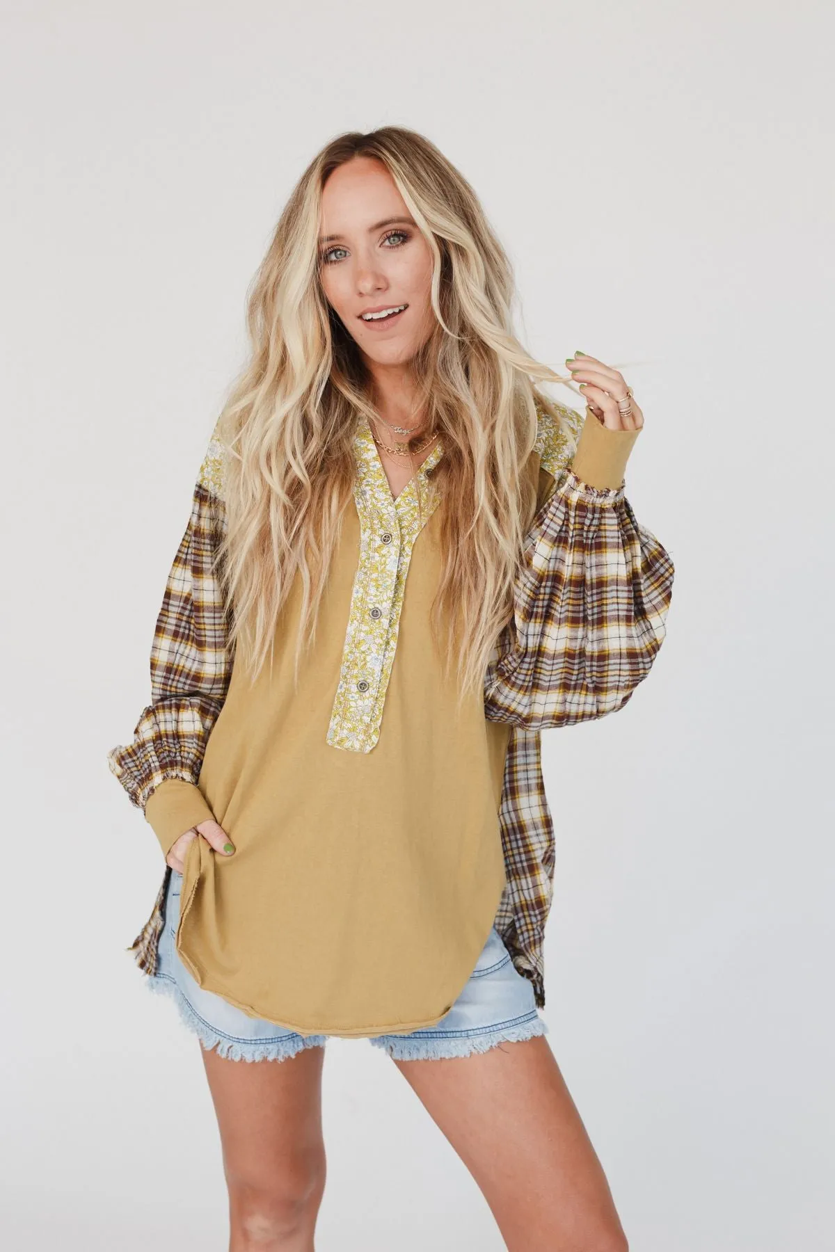 Better Together Mixed Print Top - Mustard