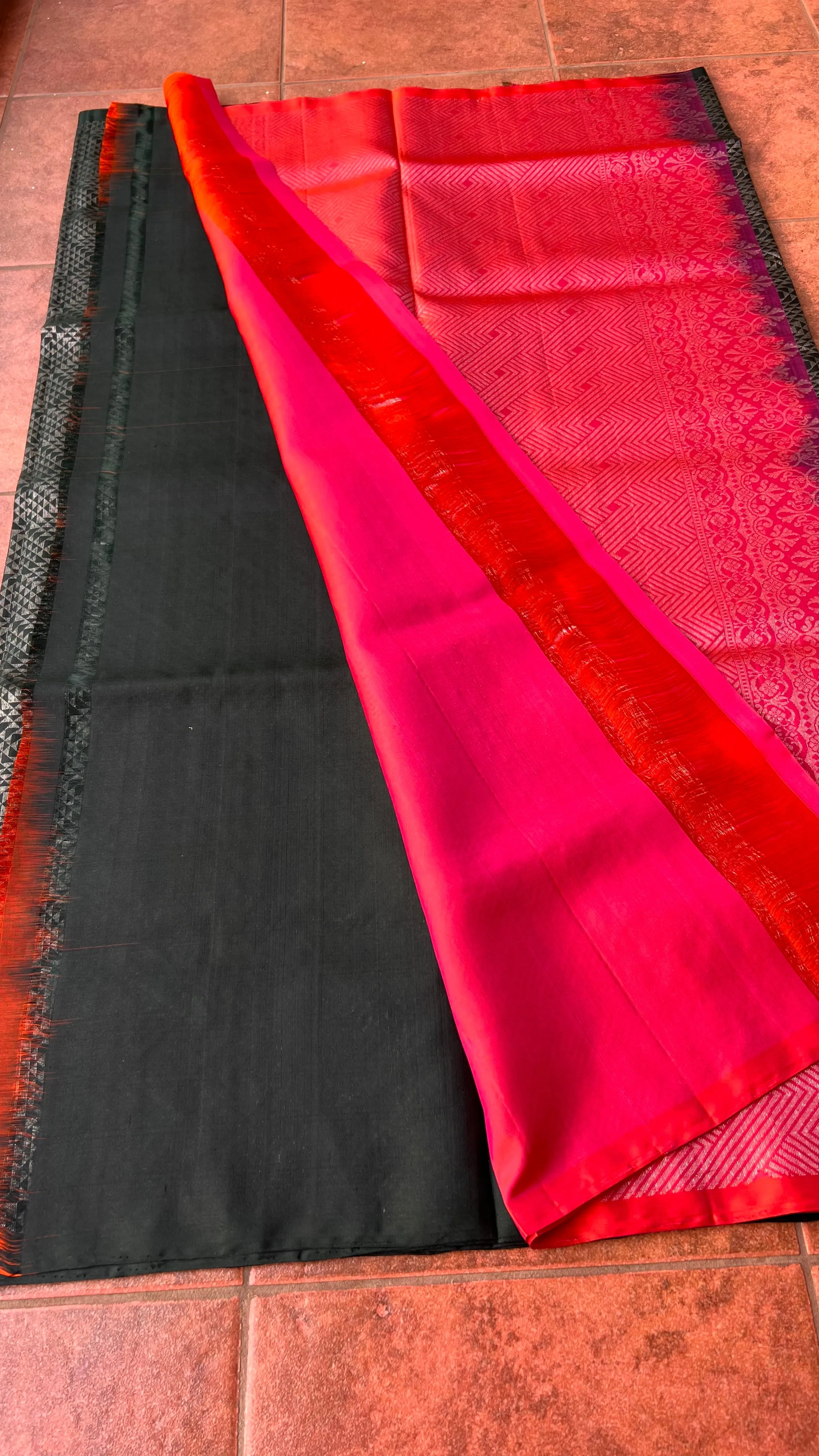 Black and orange matrix kanchipuram silk saree with blouse