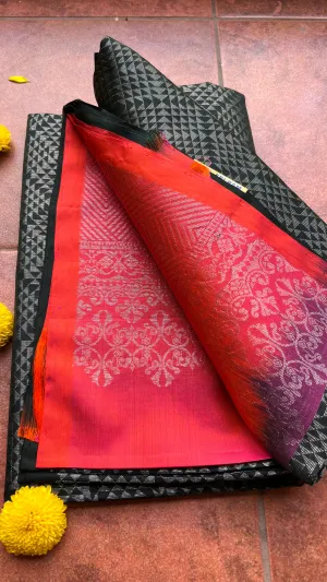 Black and orange matrix kanchipuram silk saree with blouse