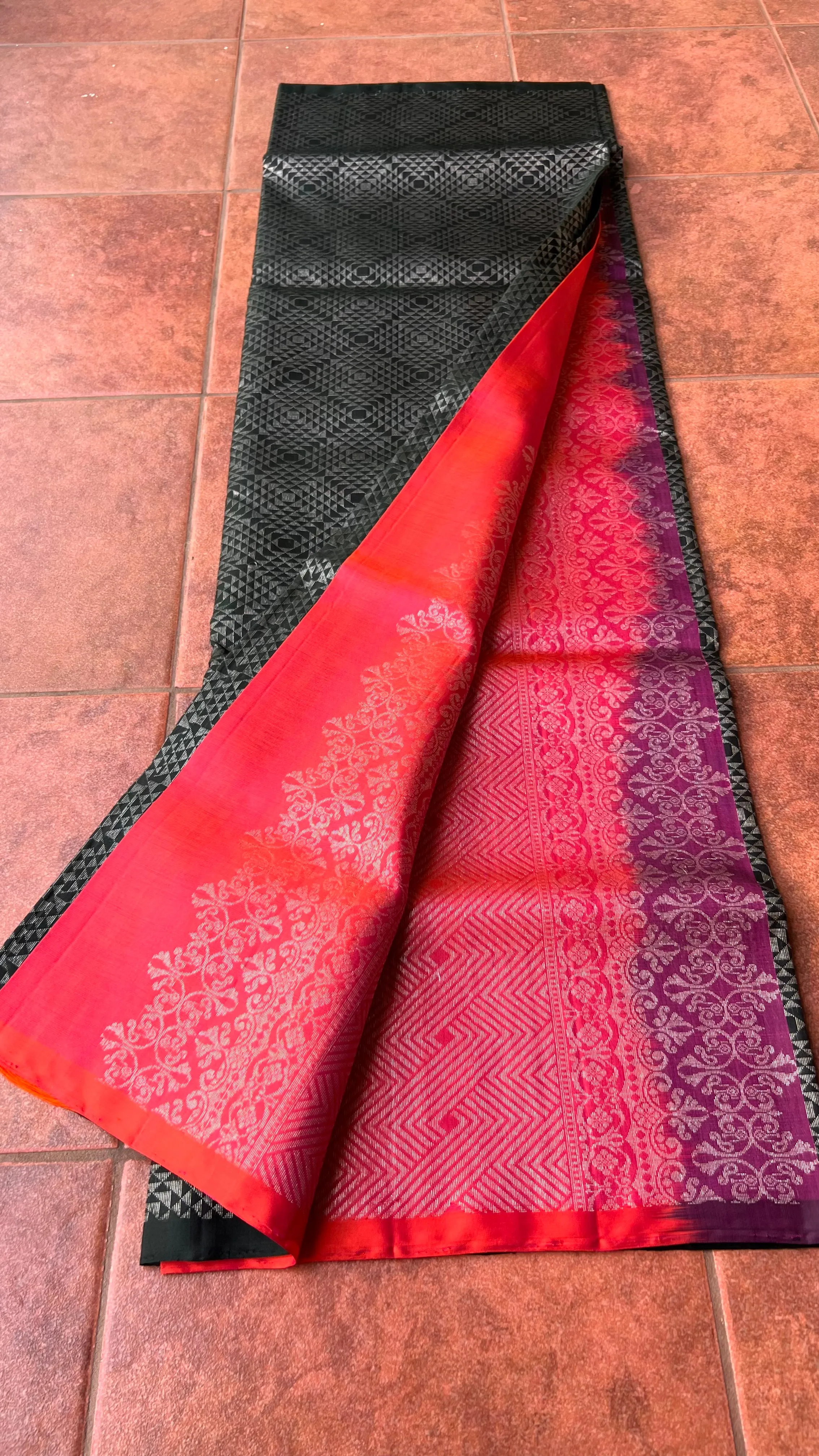 Black and orange matrix kanchipuram silk saree with blouse