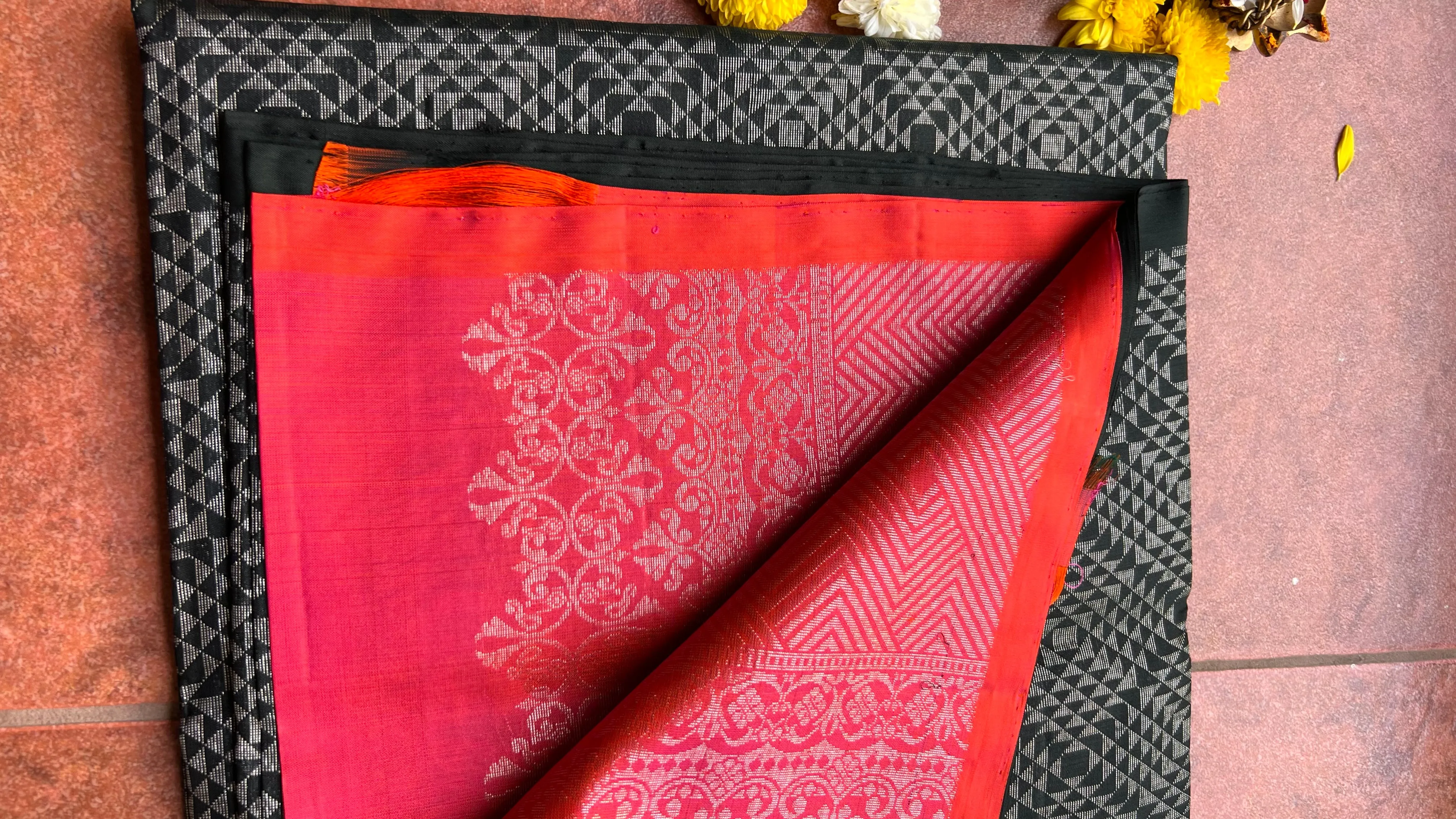 Black and orange matrix kanchipuram silk saree with blouse