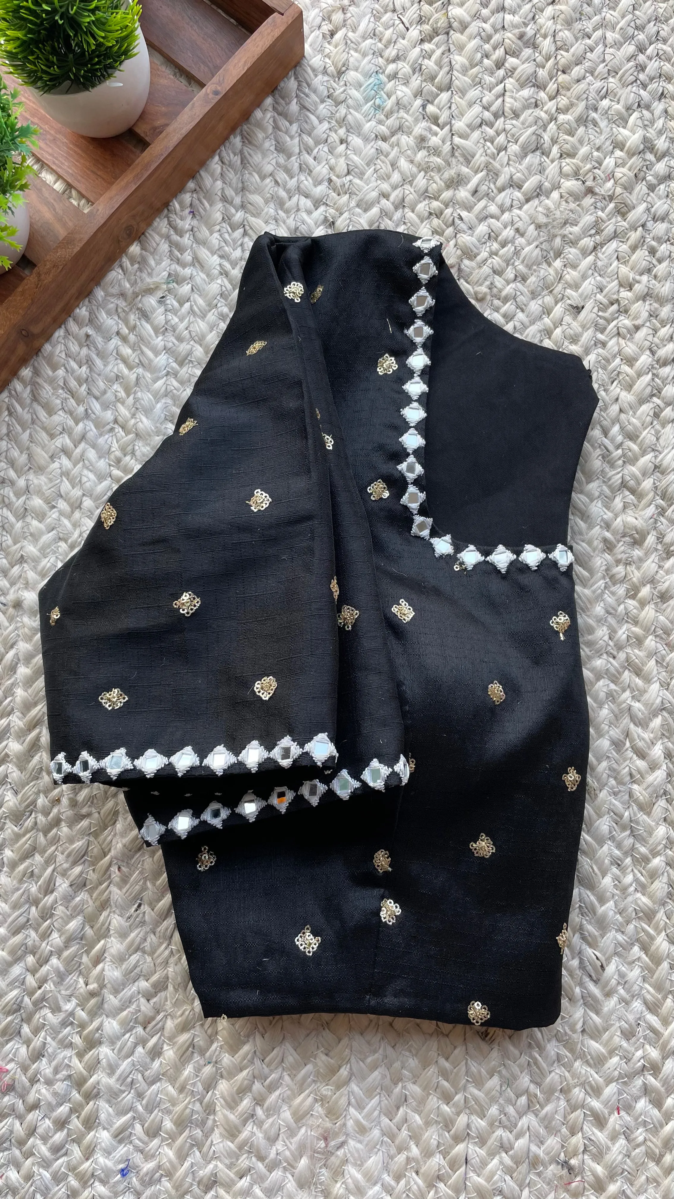 Black silk hand made mirror worked blouse