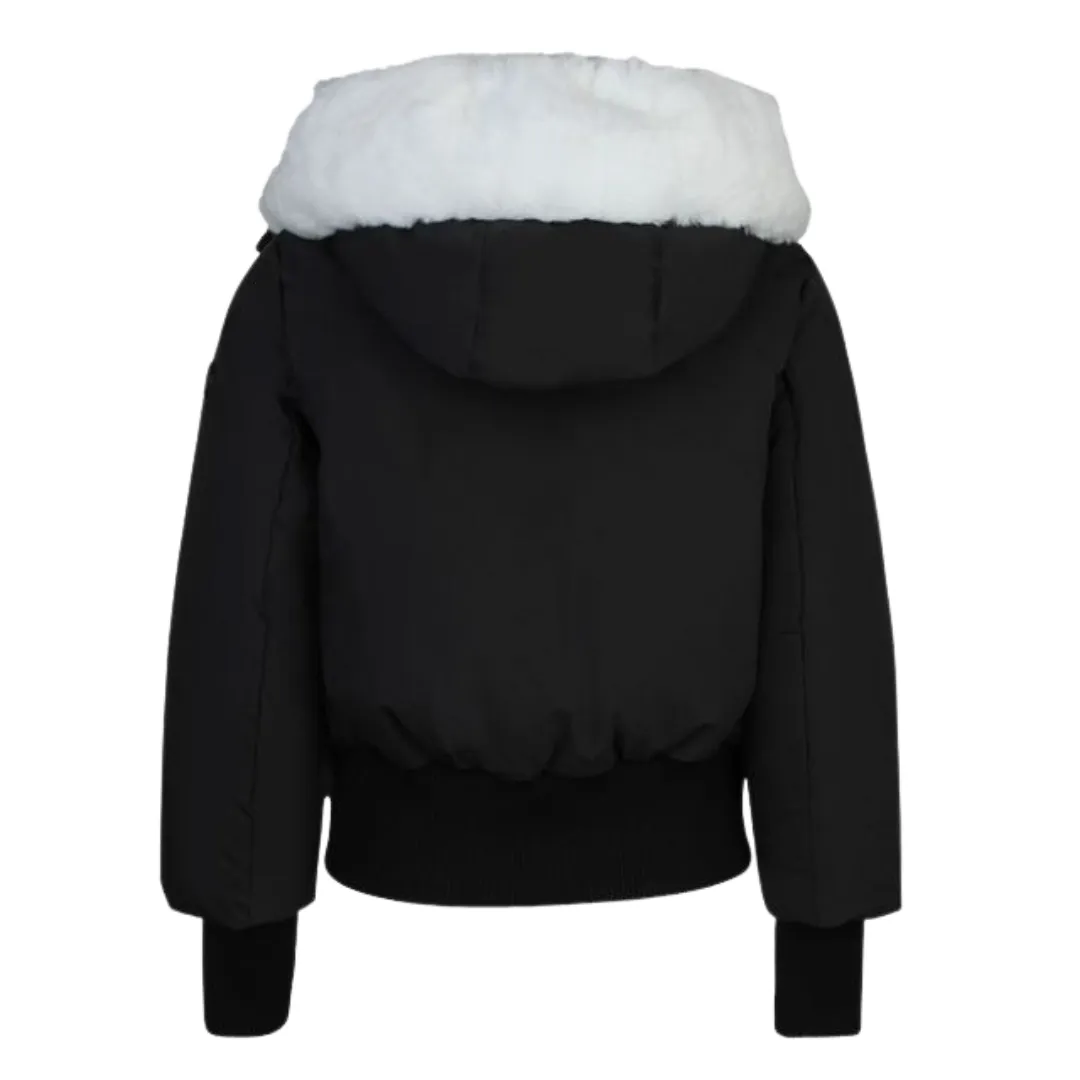 Black White Fur Hood and Rib Waist Bomber