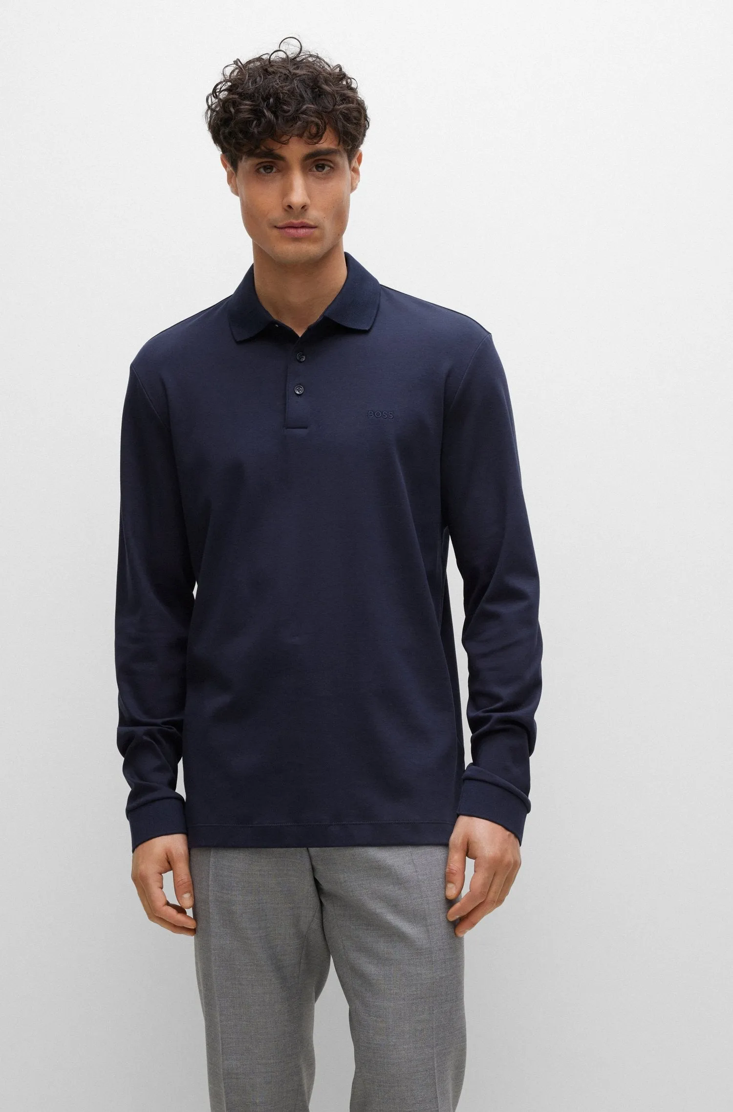 BOSS Pado 30 Long Sleeve Polo Shirt in Navy