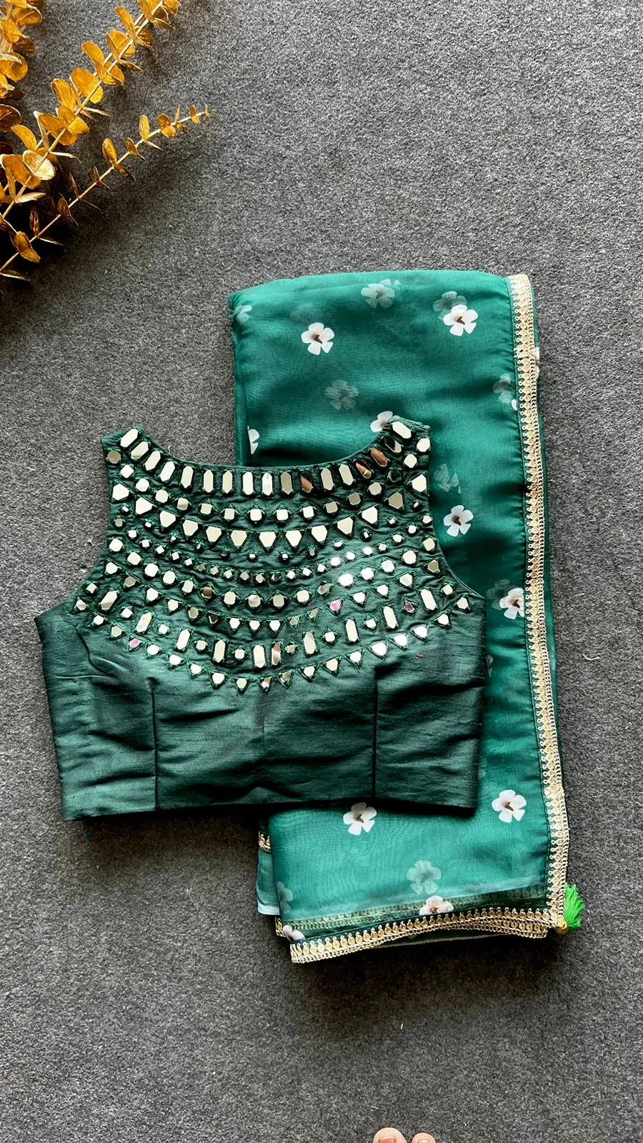 Bottle green original mirror work blouse ( only blouse)