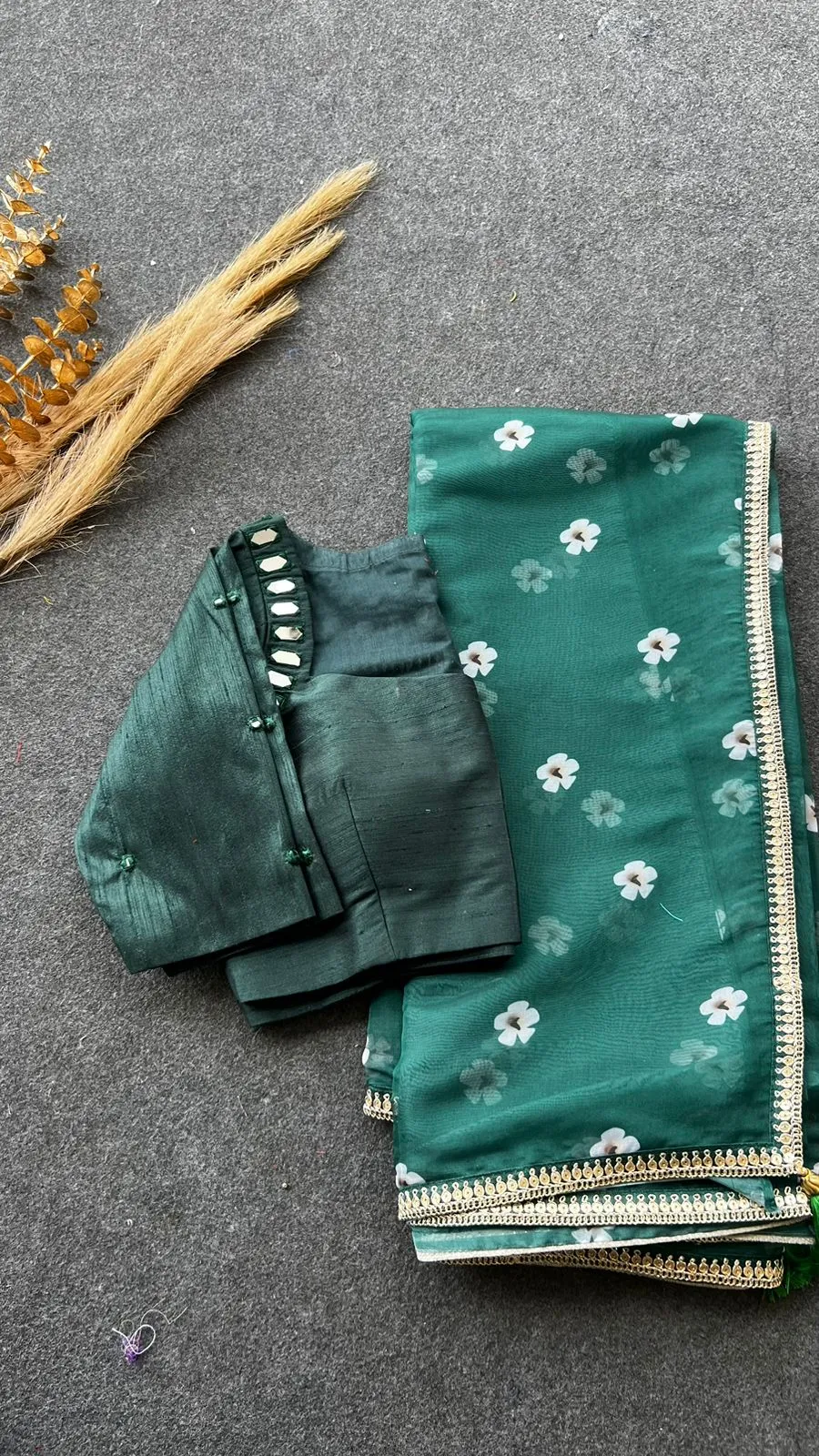 Bottle green original mirror work blouse ( only blouse)