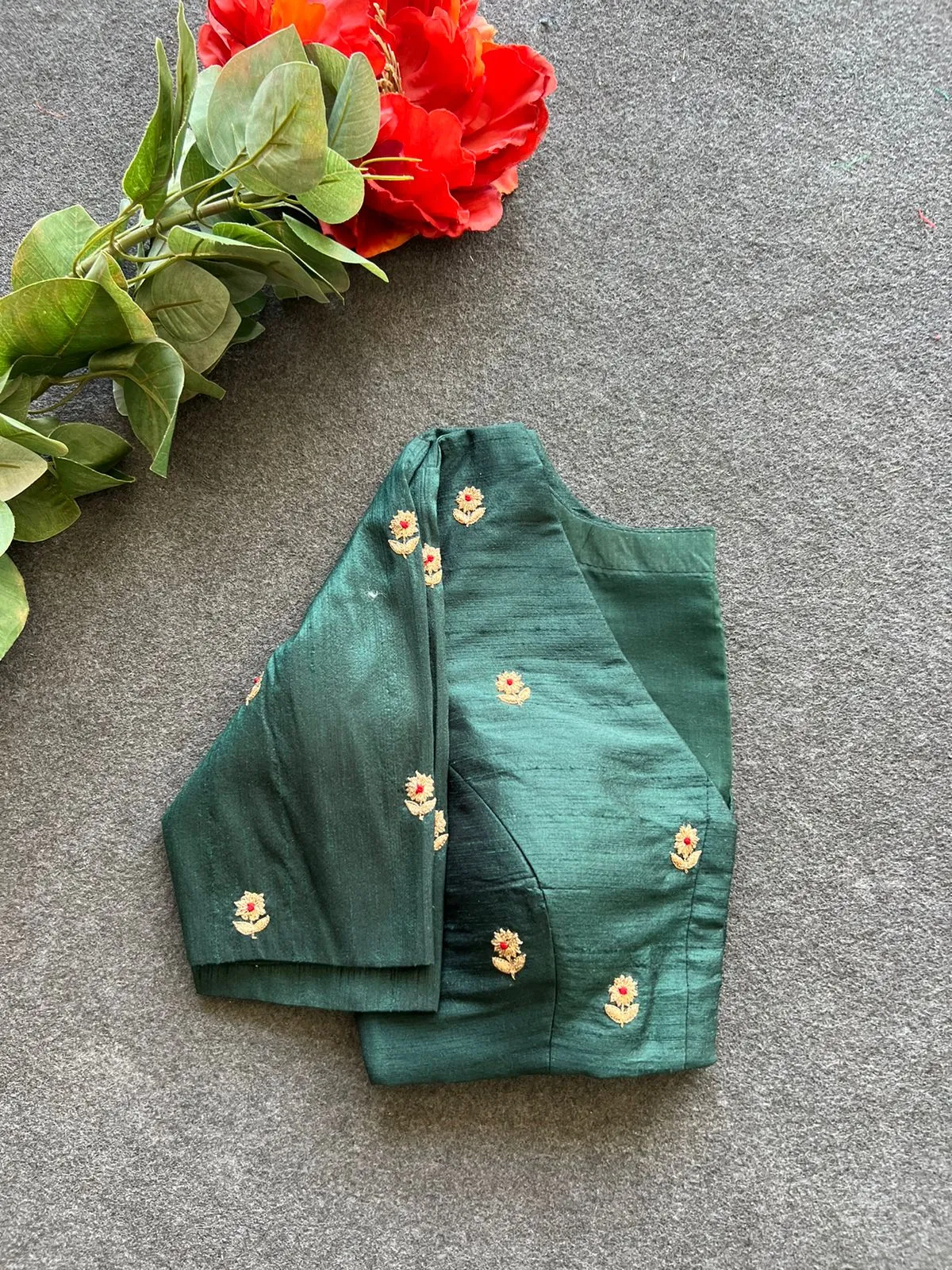 Bottle green silk heavy hand work blouse