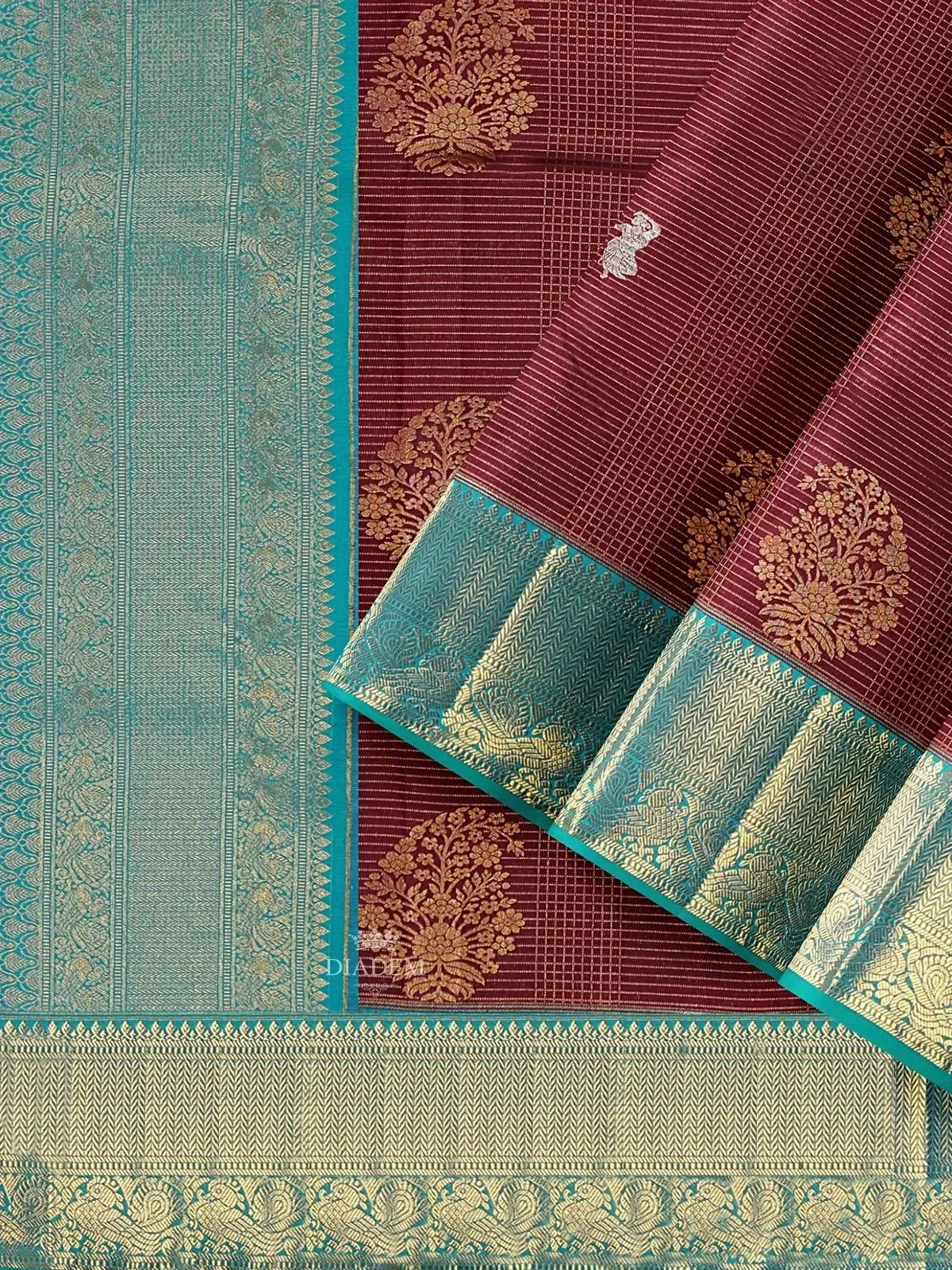 Brown Pure Kanchipuram (Bridal) Silk Saree with Stripes on the body and Contrast Zari Border