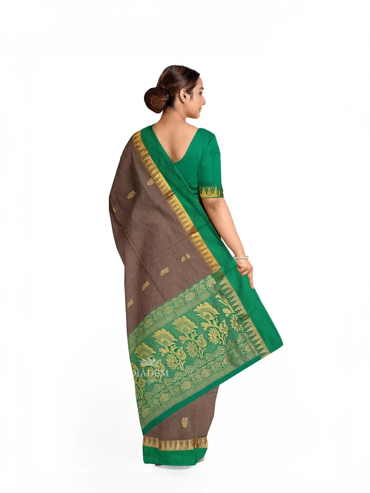 Brown Silk Cotton Saree with Zari Butta on the body and Contrast Temple Zari Border