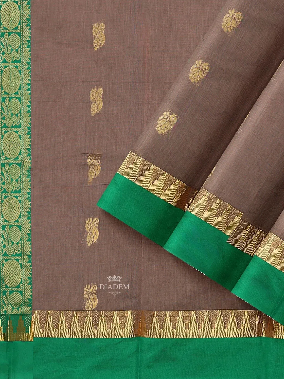 Brown Silk Cotton Saree with Zari Butta on the body and Contrast Temple Zari Border