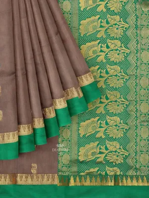 Brown Silk Cotton Saree with Zari Butta on the body and Contrast Temple Zari Border