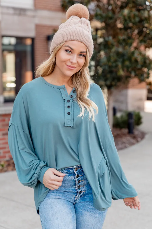 Carefree Days Teal Henley Knit Long Sleeve Top FINAL SALE