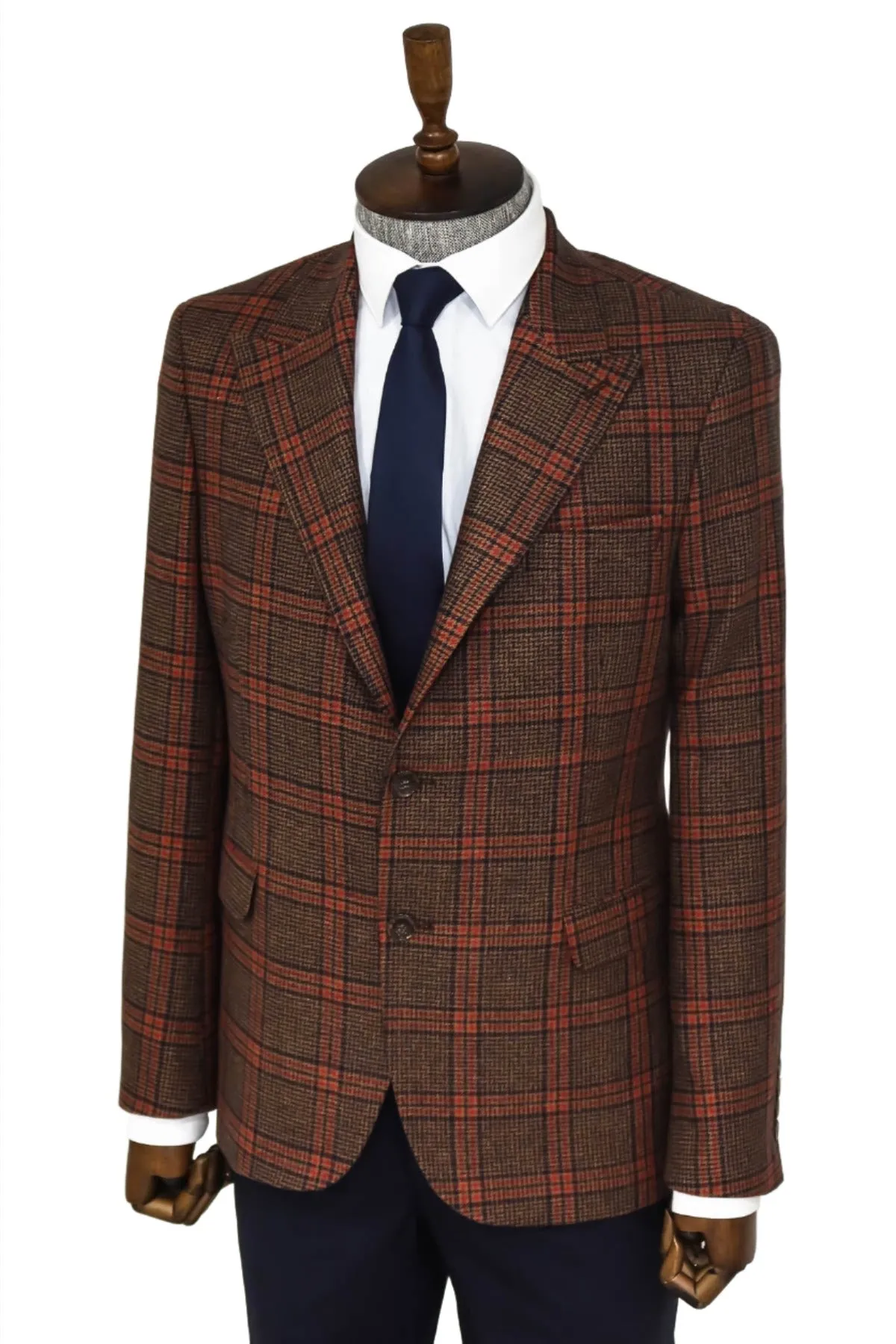 Checked Wool Brown Men Blazer - Wessi