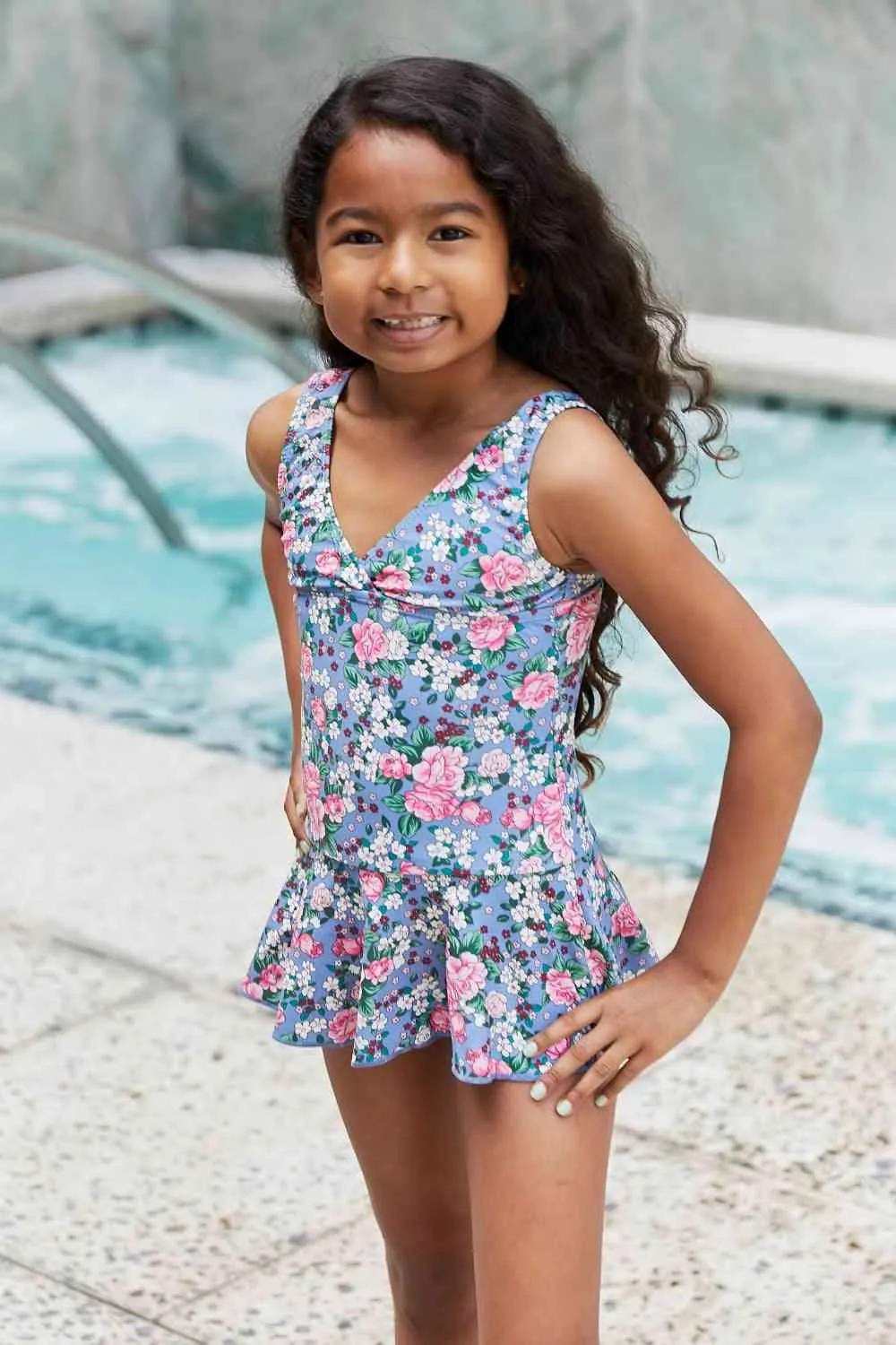 Clear Waters Girls Swim Dress in Rose Sky