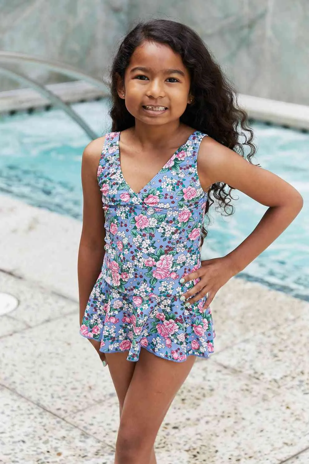 Clear Waters Girls Swim Dress in Rose Sky