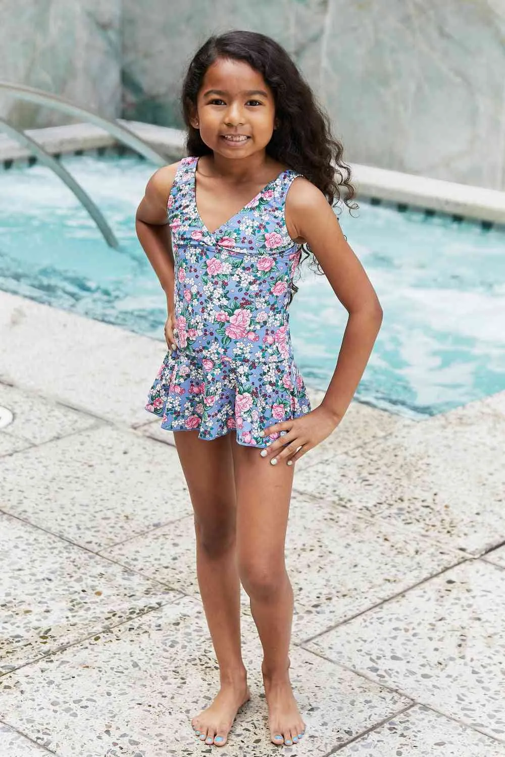 Clear Waters Girls Swim Dress in Rose Sky