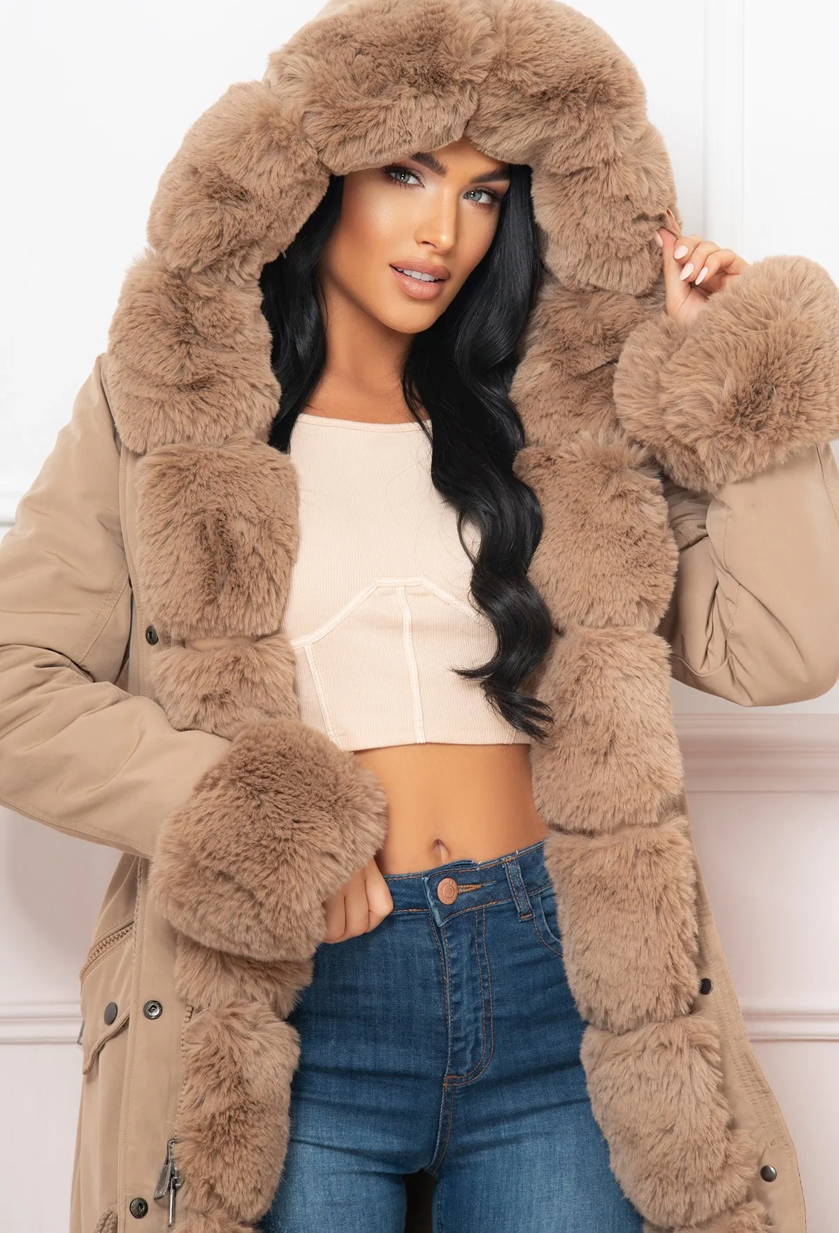 Cocoa Kisses Tan Fur Trim Parka Coat