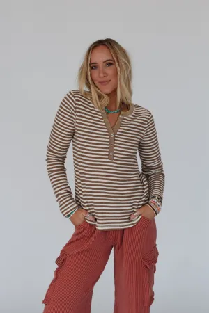 Cool Stripes Henley Top - Taupe