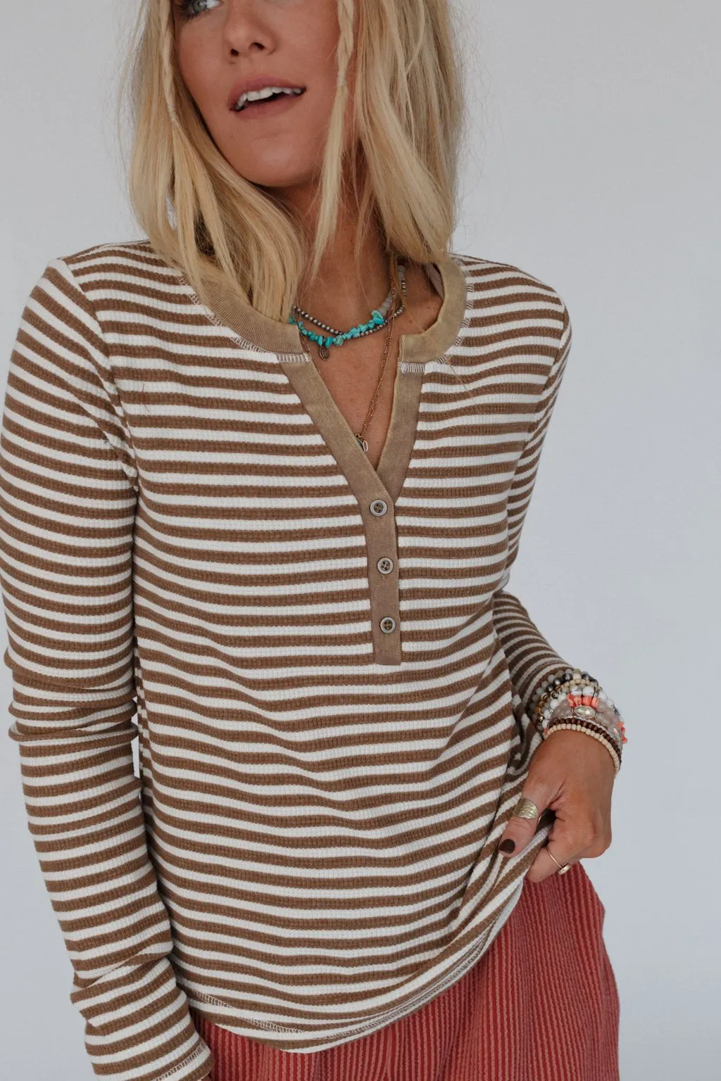 Cool Stripes Henley Top - Taupe