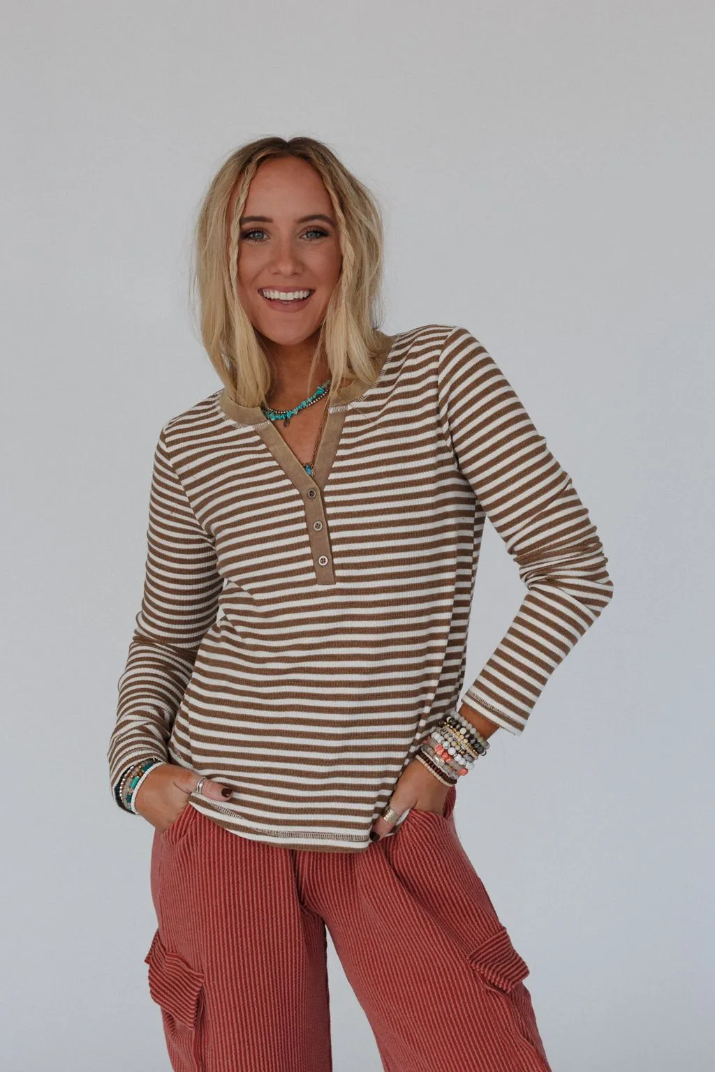 Cool Stripes Henley Top - Taupe