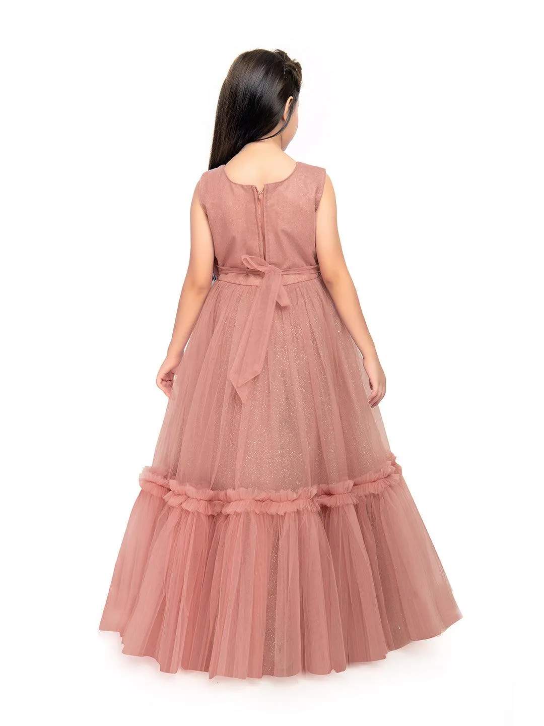 Coral Coloured Corsage Hand Work Imported Net Ruffle Ball Gown Style For Girls