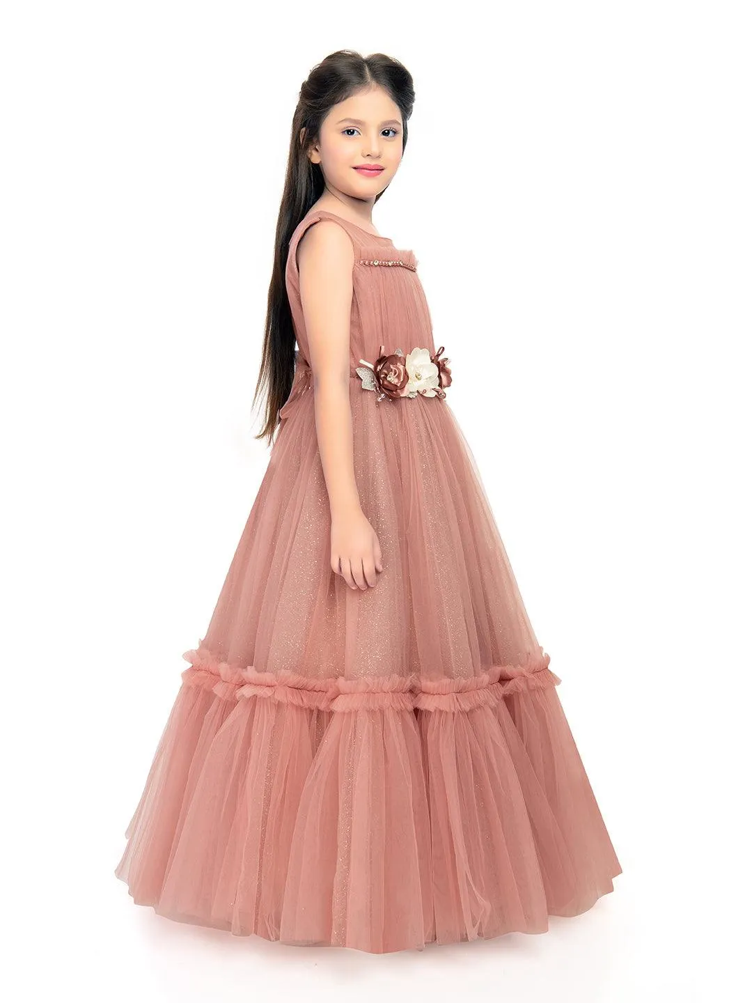 Coral Coloured Corsage Hand Work Imported Net Ruffle Ball Gown Style For Girls