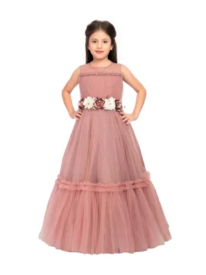 Coral Coloured Corsage Hand Work Imported Net Ruffle Ball Gown Style For Girls