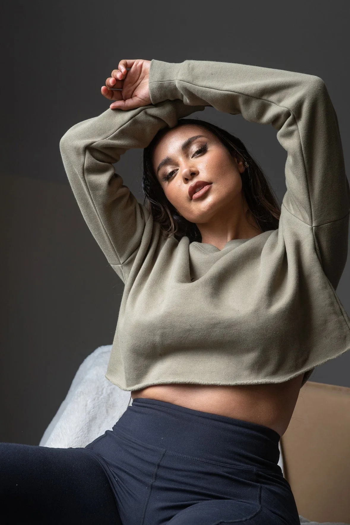 Crop Sweat Shirt - 100% Cotton Biodegradable Khaki