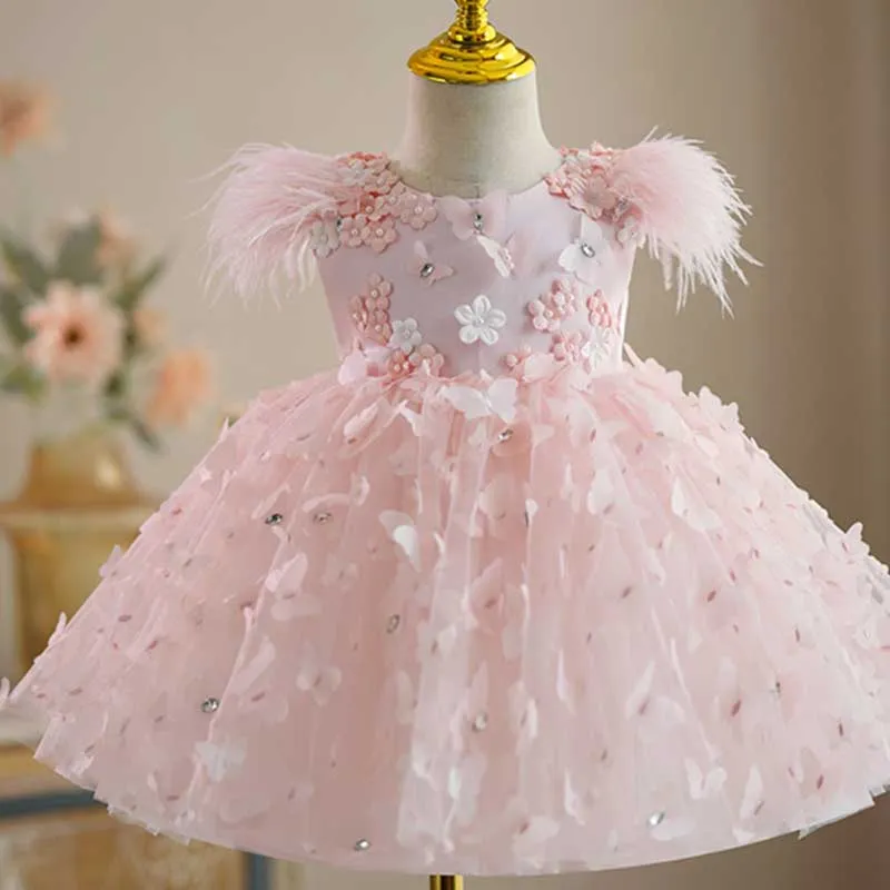 Cute Baby Birthday Party Tassel Sleeveless Dress Butterfly Flower Princess Dress