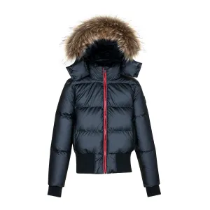 Black and Red Ellabee Bomber Coat with Raccoon Fur and Zipper Detailing - Insulated Down Jacket