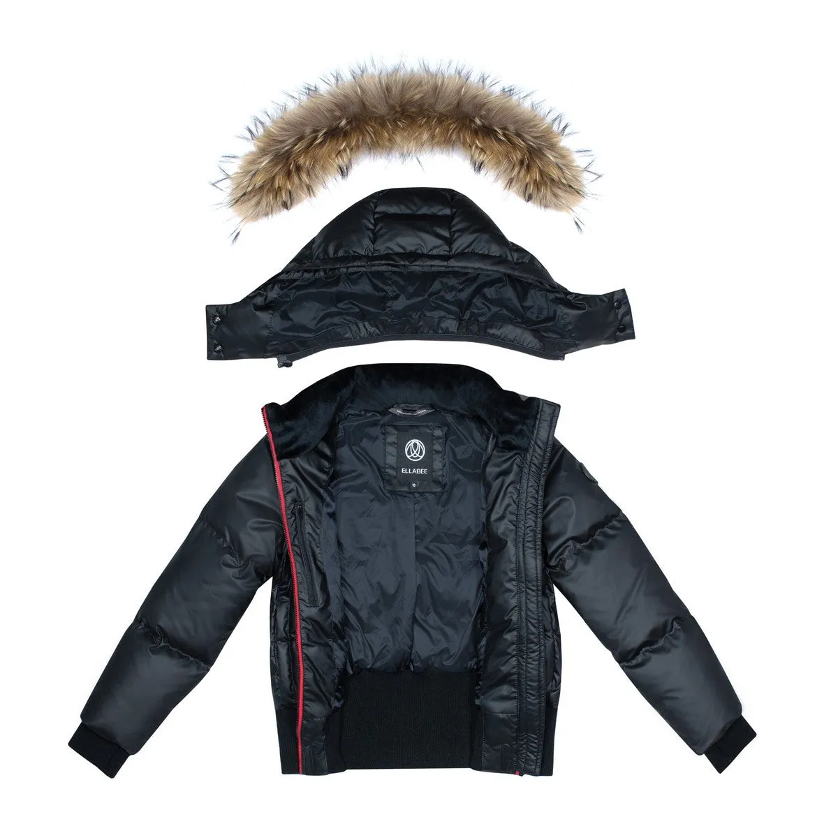 Black and Red Ellabee Bomber Coat with Raccoon Fur and Zipper Detailing - Insulated Down Jacket