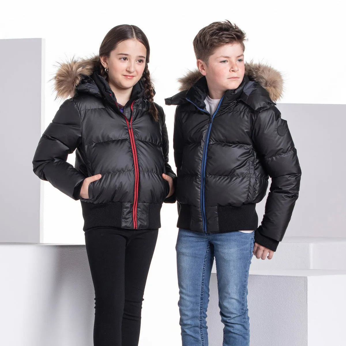 Black and Red Ellabee Bomber Coat with Raccoon Fur and Zipper Detailing - Insulated Down Jacket