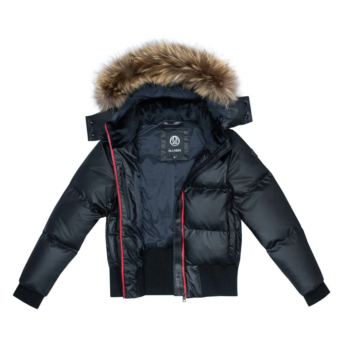 Black and Red Ellabee Bomber Coat with Raccoon Fur and Zipper Detailing - Insulated Down Jacket