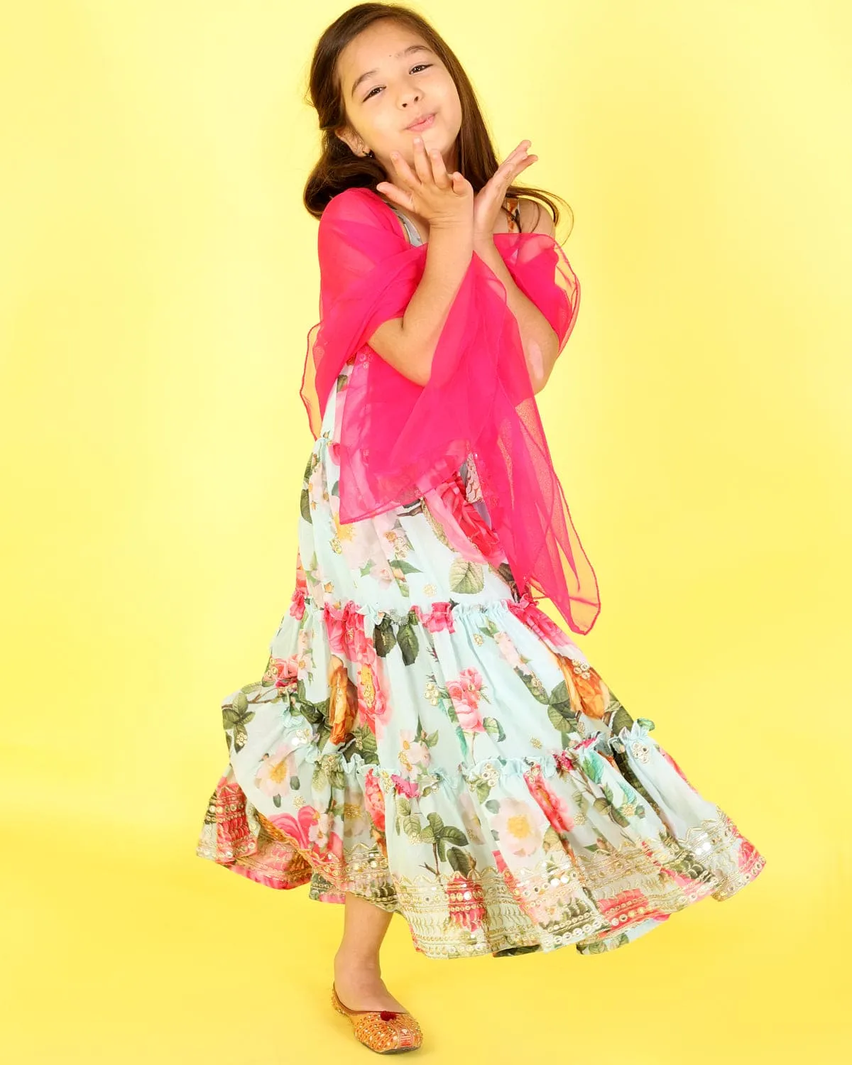 Floral Floor Length Dress and Ruffle Dupatta