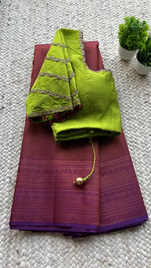 (Free full predraping) Deep purple silk saree with hand worked blouse