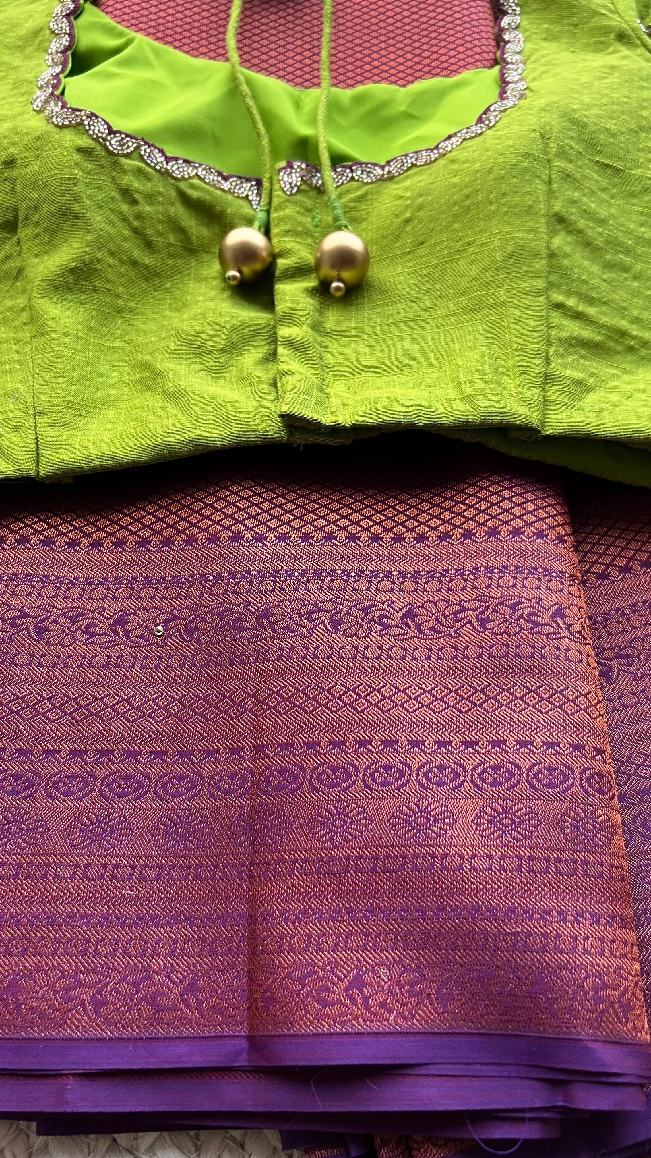 (Free full predraping) Deep purple silk saree with hand worked blouse