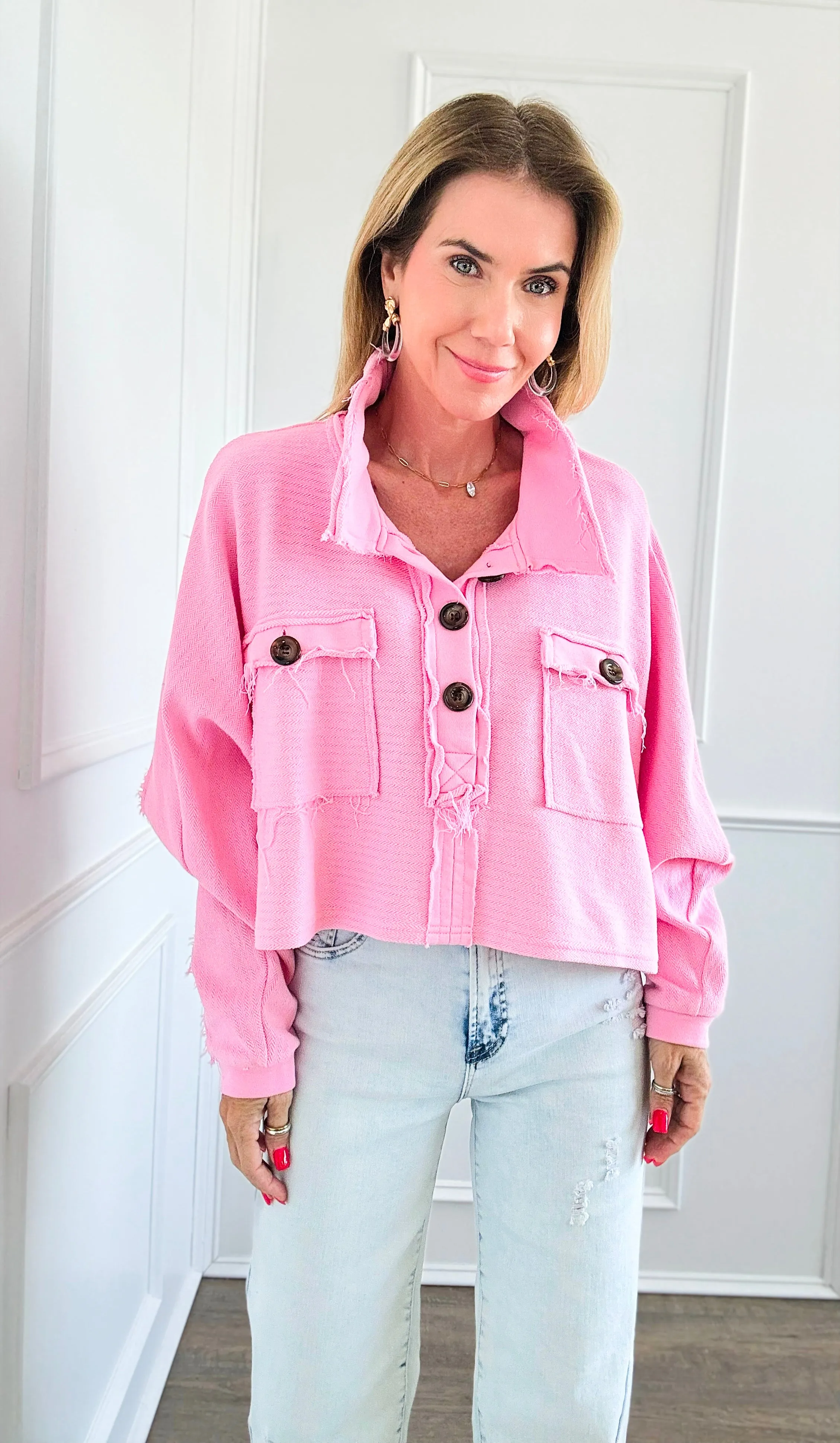 French Terry Buttoned Down Top - Pink