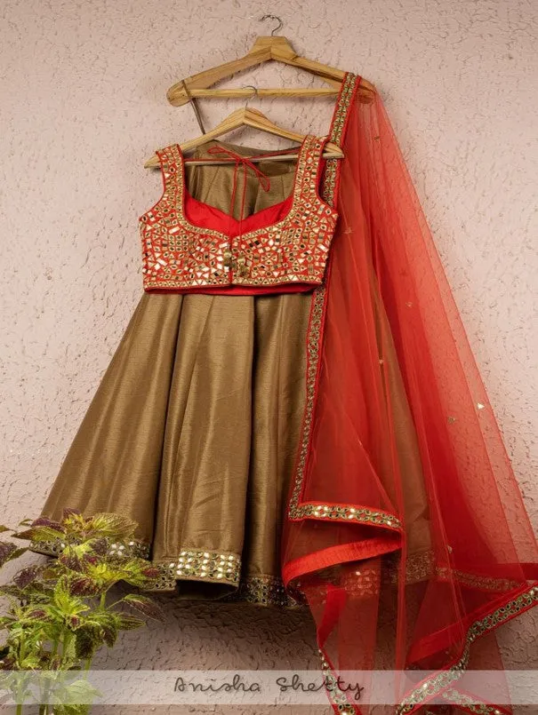 Gold and Carrot Raw Silk Mirror Work Lehenga Set (Set of 3)