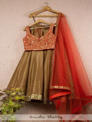 Gold and Carrot Raw Silk Mirror Work Lehenga Set (Set of 3)